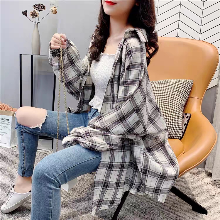 Áo khoác sơ mi ca rô dài tay thời trang dành cho nữ size s-3xl