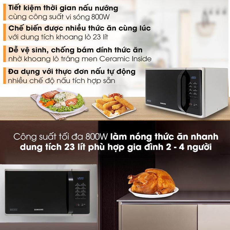 Lò vi sóng tráng men Samsung Hàn Quốc MS23K3513AS dung tích 23L công suất 800W sản xuất Malaysia