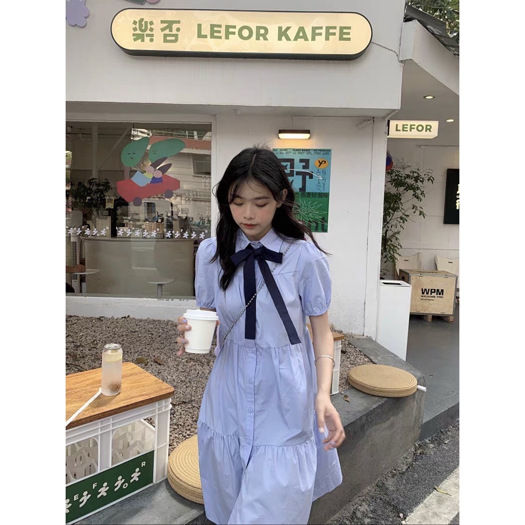 Đầm sơ mi cổ đức 3 tầng dáng xòe - Váy babydoll cổ sơ mi kèm nơ ulzzang