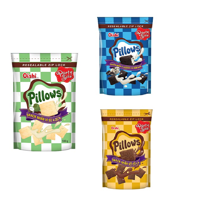 Thùng 20 gói bánh Pillows 100g và 100 gói pillows 18g snack nhân vị sữa dừa/ sô cô la/ cookies và kem vani size lớn 100g