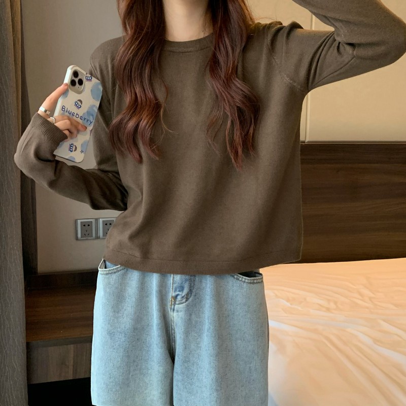 Áo sweater dệt kim tay dài cổ tròn thời trang cho nữ 46735