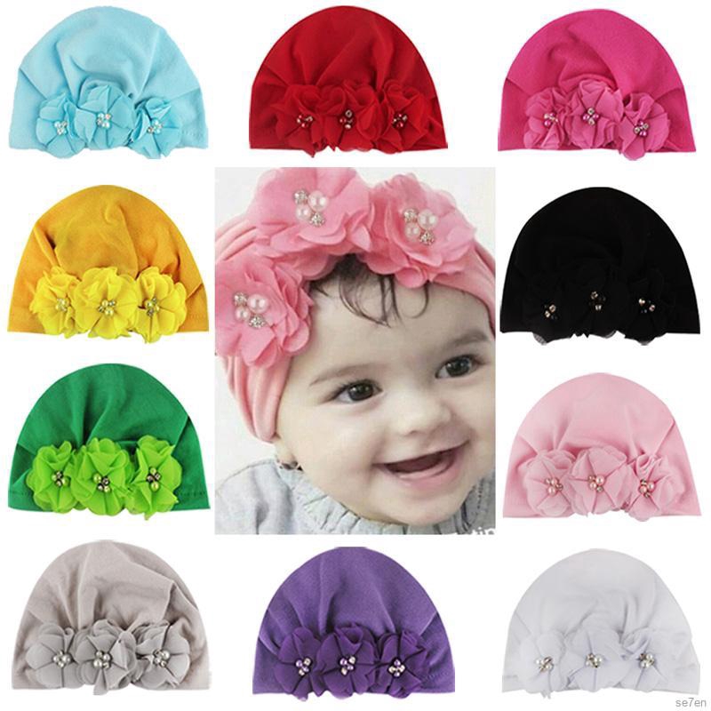 Set 7 Mũ Turban Mềm Mại Đính Hoa Và Ngọc Trai Cho Bé