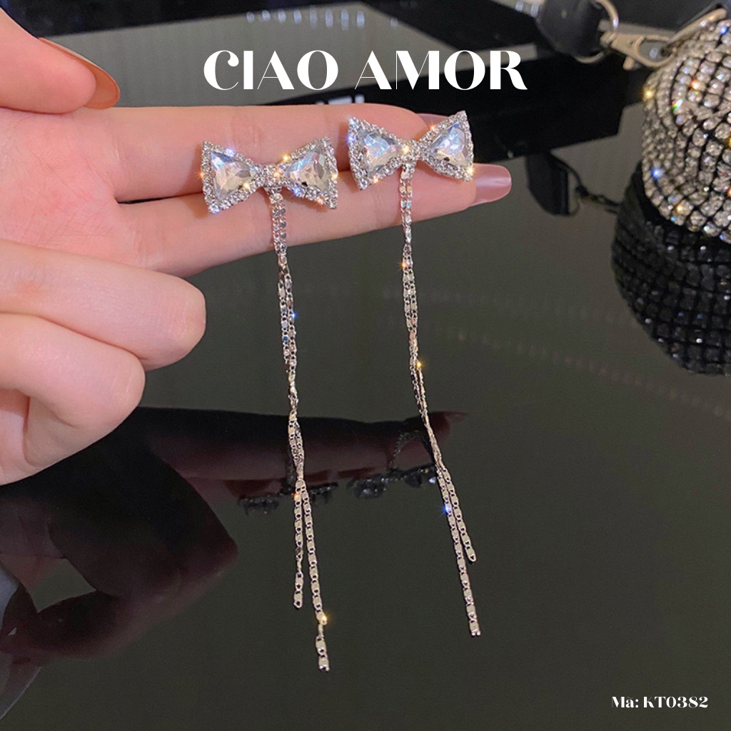Khuyên tai nữ, Bông tai nữ bạc 925 nơ bạc đính đá to dây xuống sang trọng lấp lánh Trang sức Ciao Amor - KT0382