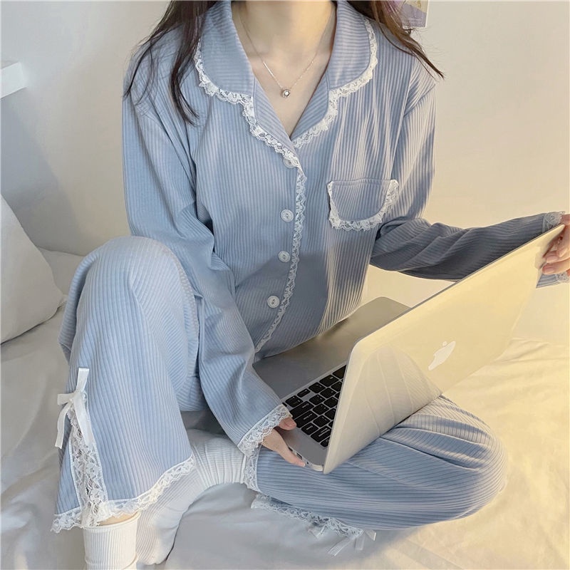 Bộ đồ ngủ tay dài phối ren thời trang xuân thu mới cho nữ