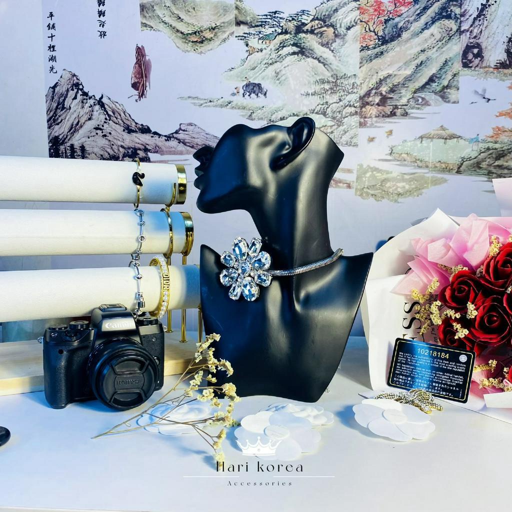 Vòng cổ hoa choker đính đá bản to sét dây chuyền khuyên tai pha lê Điểm nhấn hoàn hảo cho trang phục dự sự kiện