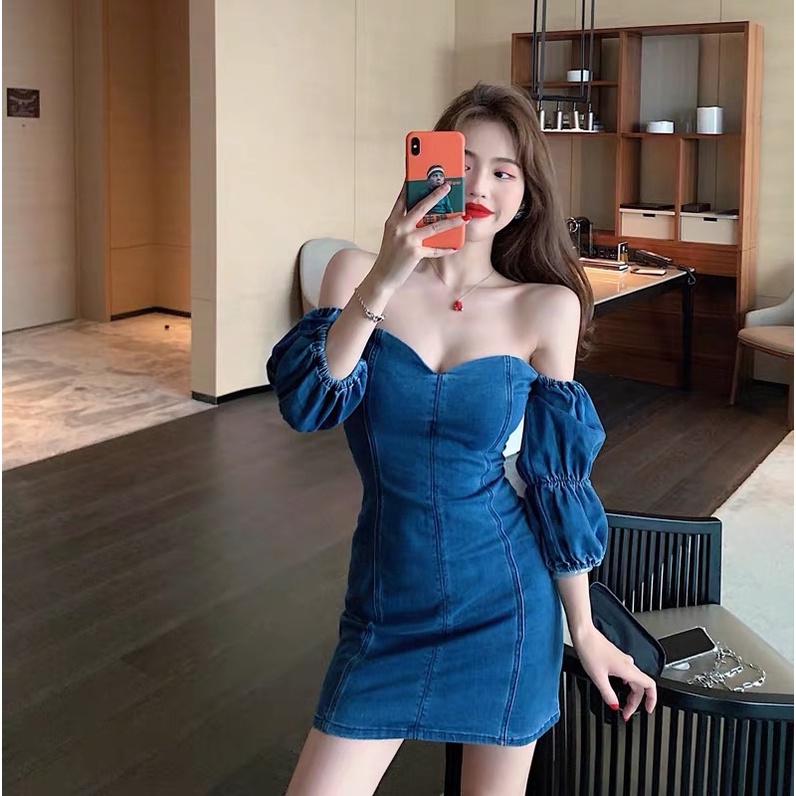 Đầm jean bẹt vai dáng ôm, đầm cúp ngực trễ vai ôm body
