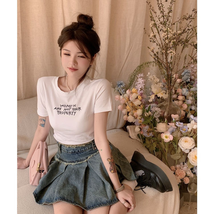 QKOOLE  Áo Thun Croptop Tay Ngắn Màu Trắng Phong Cách Hàn Quốc Cho Nữ