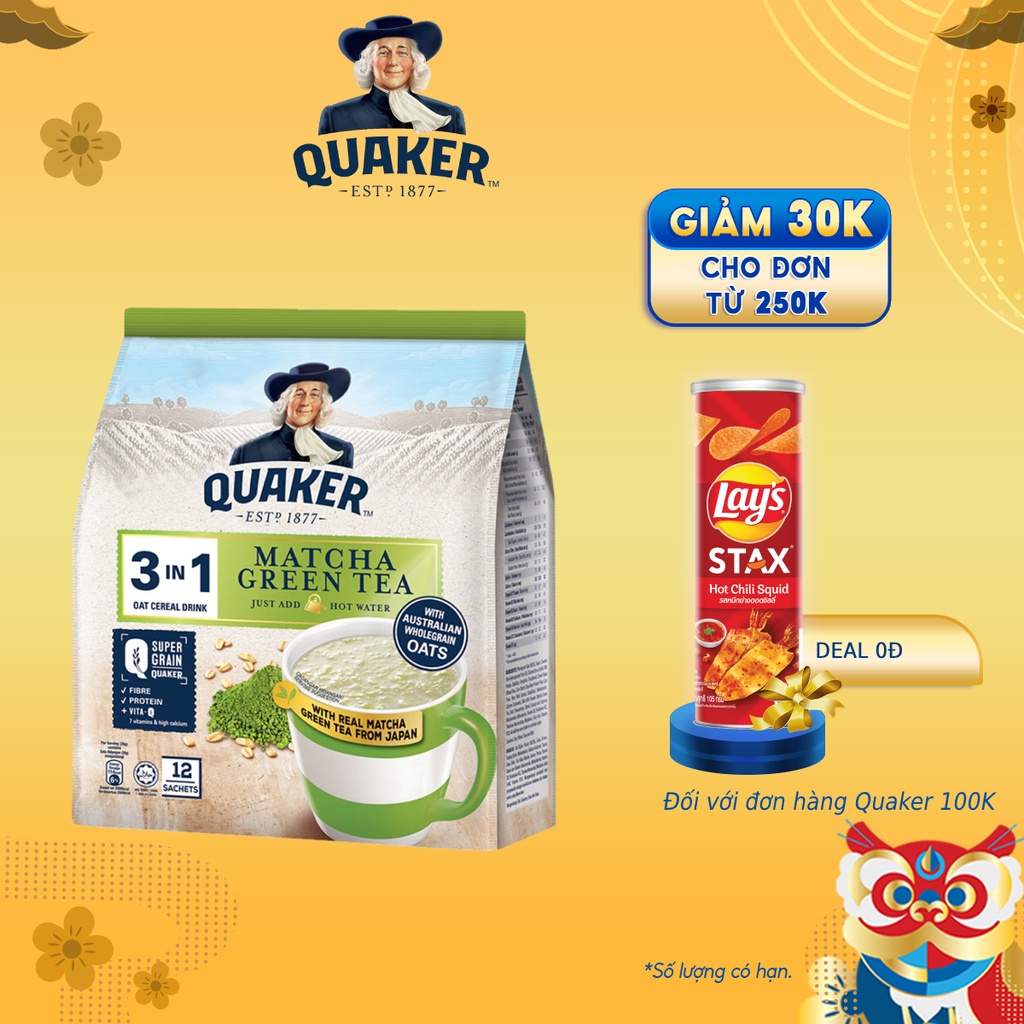 Thức uống yến mạch Quaker 3in1 - Vị trà xanh túi 336g