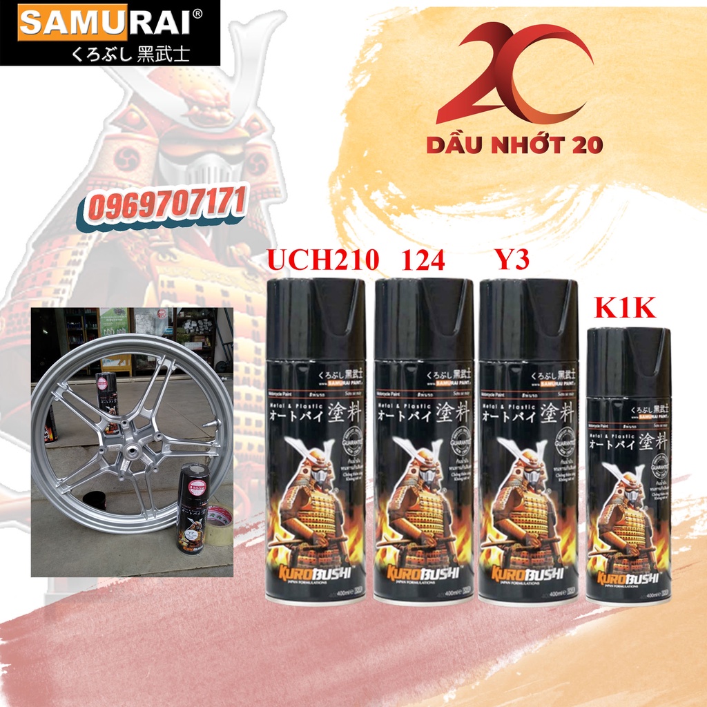 Combo Sơn xịt Samurai màu bạc ánh kim y3 gồm uch210 124 y3 k1k hoặc bóng kim tuyến k1kt hoặc 128 128A