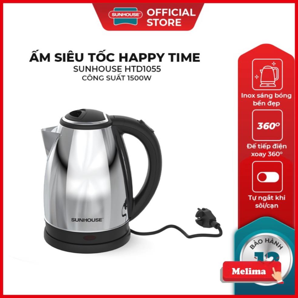 Ấm siêu tốc 1.8L SUNHOUSE HAPPY TIME HTD1081, Bảo hành 12 tháng, Tiết kiệm điện năng, siêu đẹp, Melima