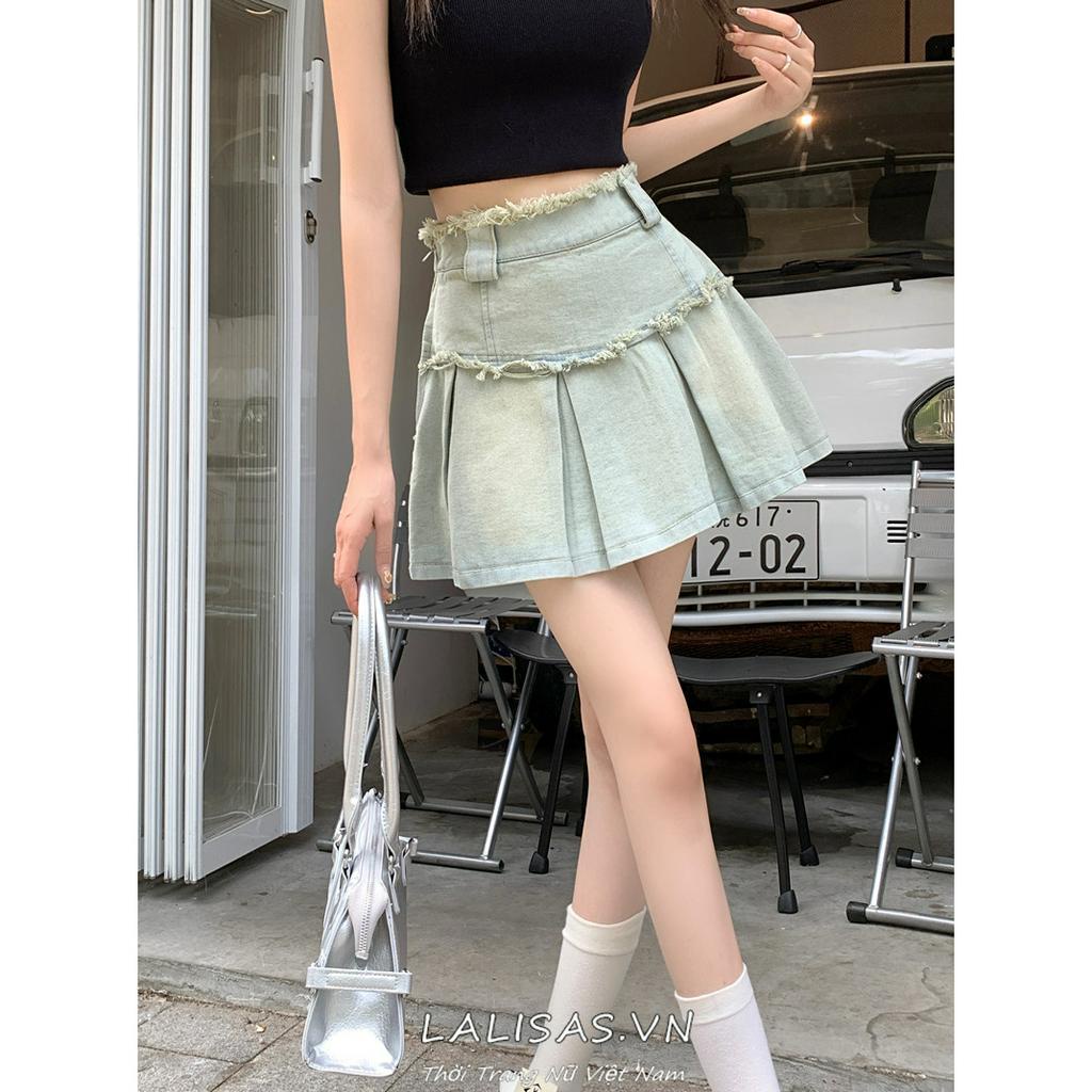 Lalisas Chân váy jean Ngắn Xếp Ly Lưng Cao Phong Cách retro Mỹ Cho Nữ