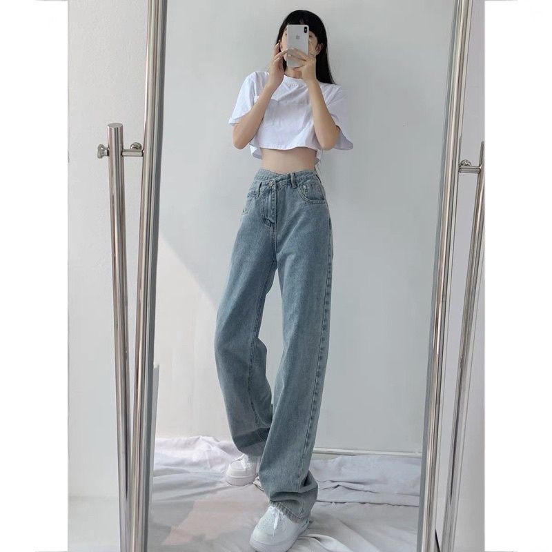 Quần Jeans Nữ Cạp Lệch Ống Rộng Cạp Cao 2 Màu Full Size C022