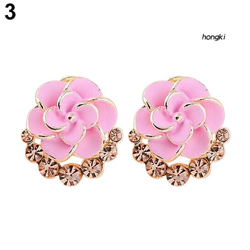 Bông tai hợp kim hình hoa trà đính đá lấp lánh