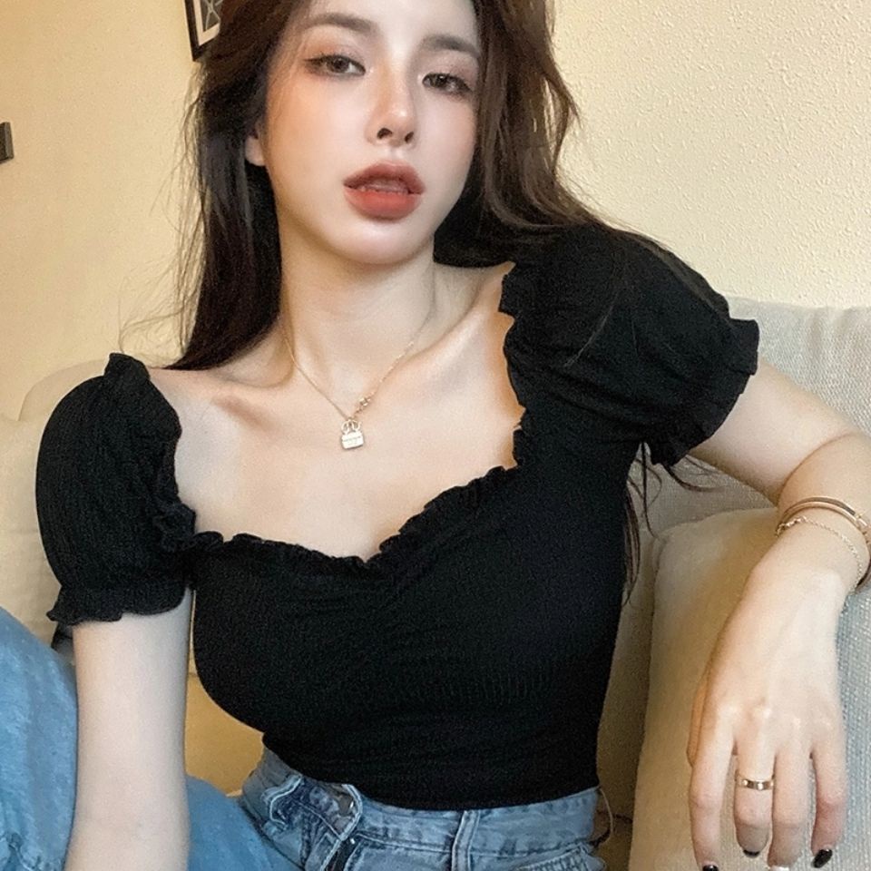 Áo Thun Croptop Cổ Vuông Tay Ngắn Dáng Ôm Màu Trơn Quyến Rũ Thời Trang Mùa Hè Dành Cho Nữ 2022