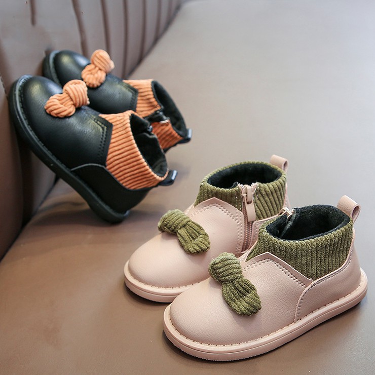 Giày mùa đông giày da Hàn Quốc cho bé gái gắn nơ siêu dễ thương