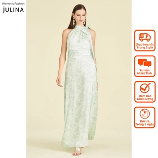  Đầm maxi sát nách cột dây vải lụa in hoa xanh ngọc dự tiệc Julina  không mác  jf715 