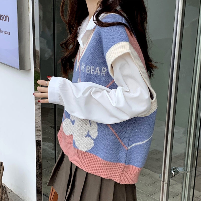 Áo khoác len không tay in hình gấu thời trang Hàn Quốc