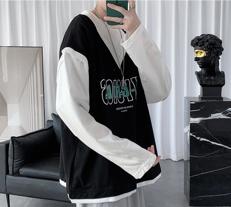 Áo Hoodie Nam New Fake Two-piece Long-sleeved Men's Korean Loose T-shirt Stitching Tops Students