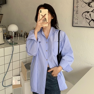 Áo Sơ Mi Nữ Tay Dài Dáng Rộng Kẻ Sọc Đơn Giản Dễ Phối Đồ