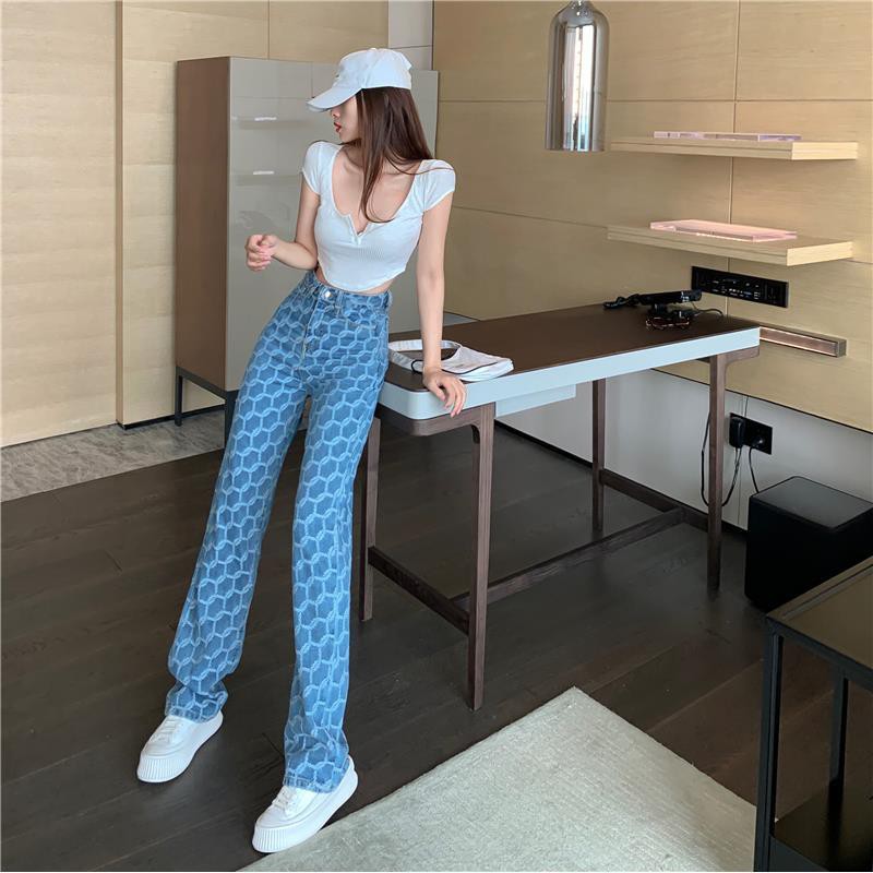 Jeans women s design sense plaid wide-legged mop pants spring and summer thin high waist loose straight ins tide