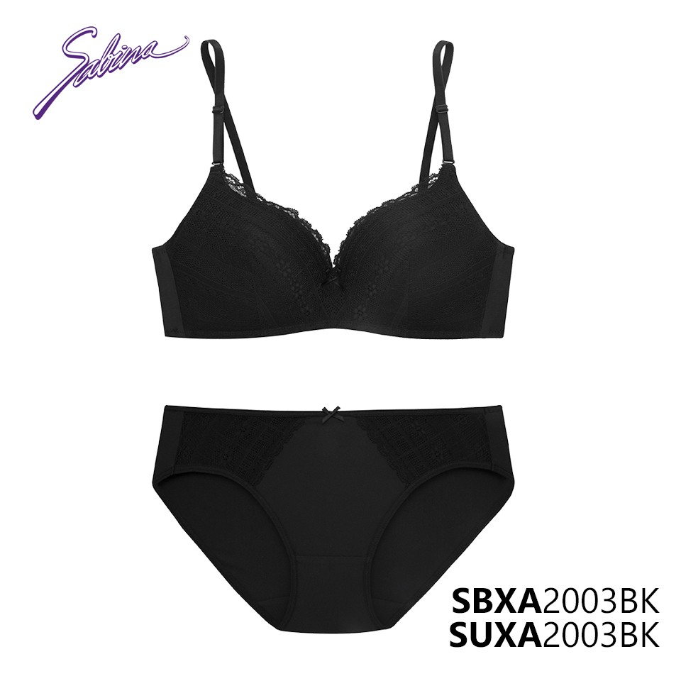 Combo Áo Lót Mút Dày Siêu Nâng Ngực Không Gọng Và Quần Đồng Bộ Màu Đen Doomm Non Wire By Sabina SBXA2003BK+SUXA2003BK