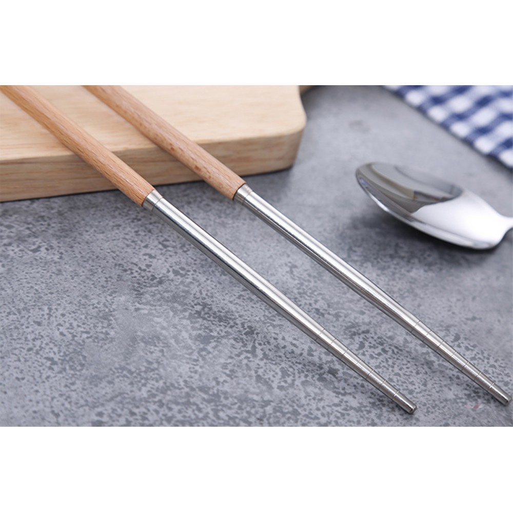 [Tổng Kho Sỉ] Set Đũa - Thìa Cá Nhân Ăn Cơm Trưa Văn Phòng INOX 304 Cán Gỗ T3 - Tặng Hộp Lúa Mạch Cao Cấp
