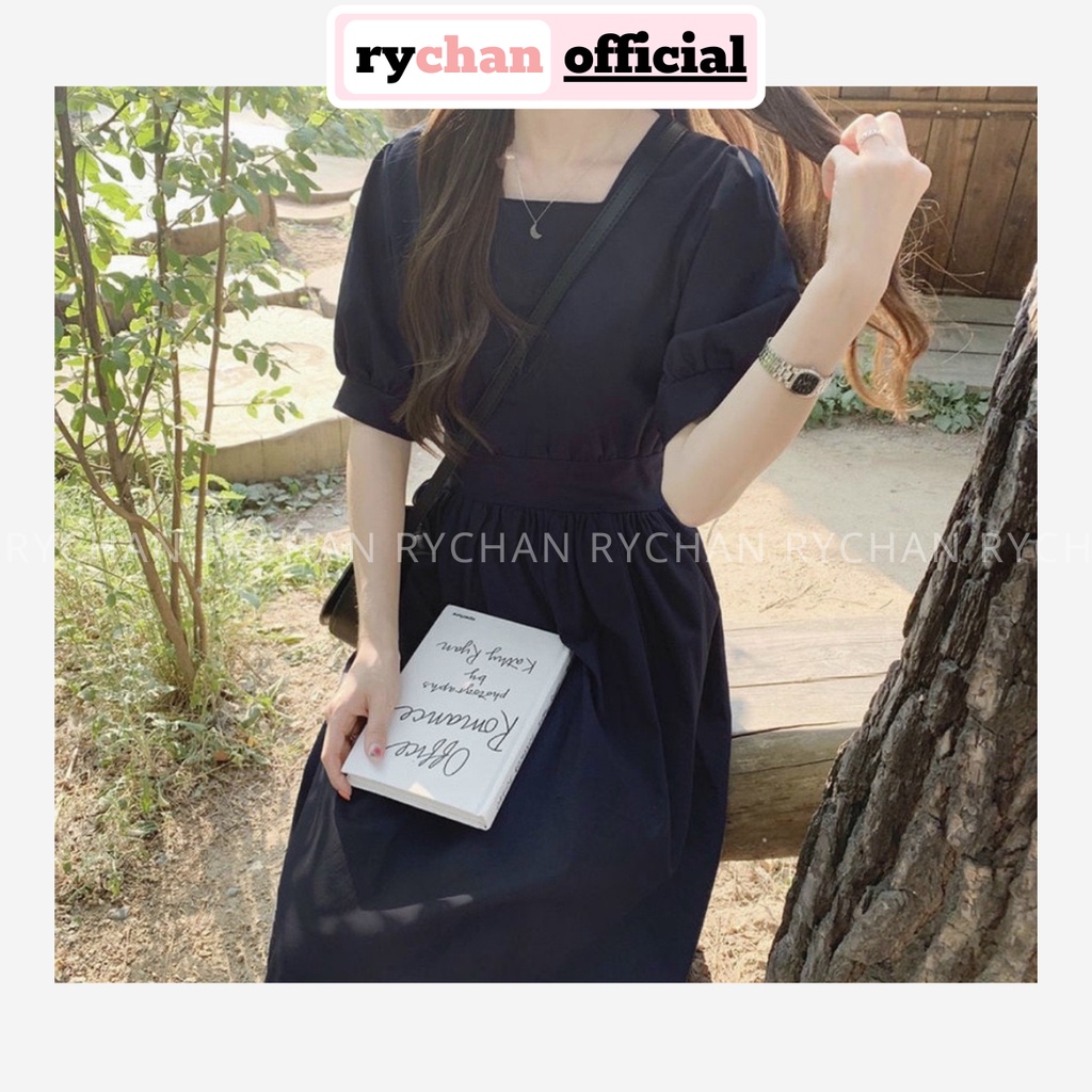 Đầm Xòe Midi Cổ Vuông Cột Eo Hai Màu - DX9996