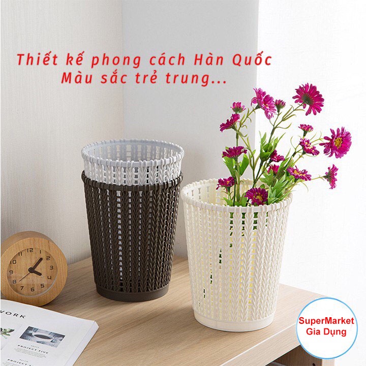Sọt đựng rác văn phòng đa năng, thùng rác nhựa họa tiết đan mây đựng đồ Việt Nhật