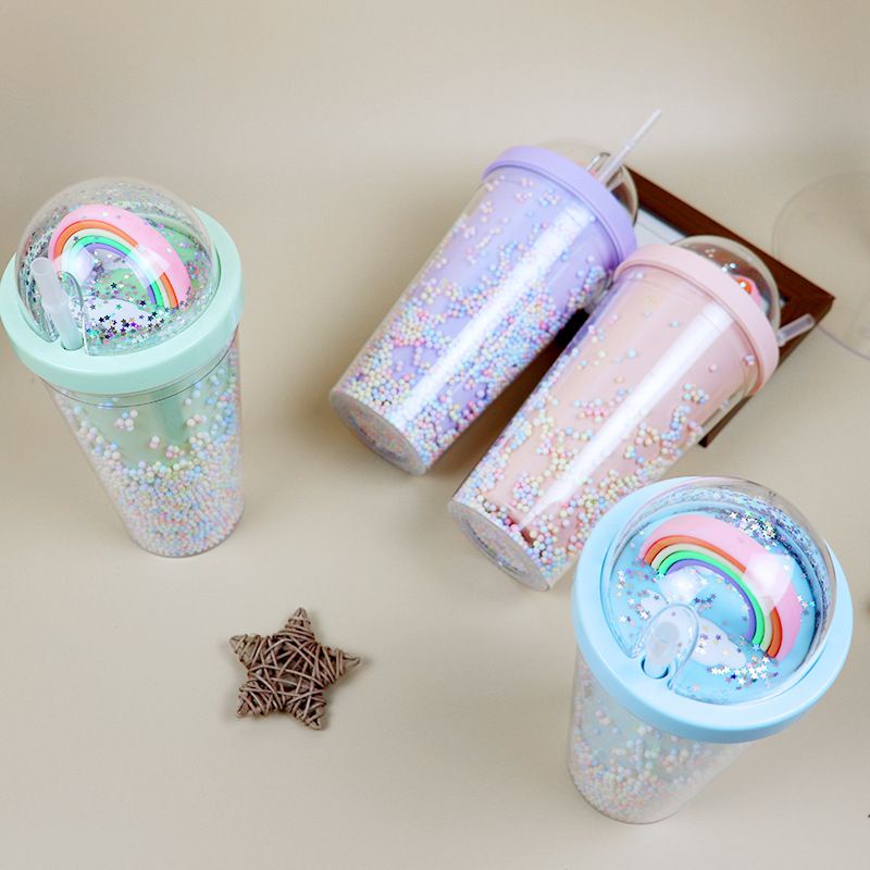 LY NƯỚC CẦU VÒNG HAI LỚP NHỰA GIỮ NHIỆT CÓ ỐNG HÚT VÀ BÔNG TUYẾT MÀU RAINBOW