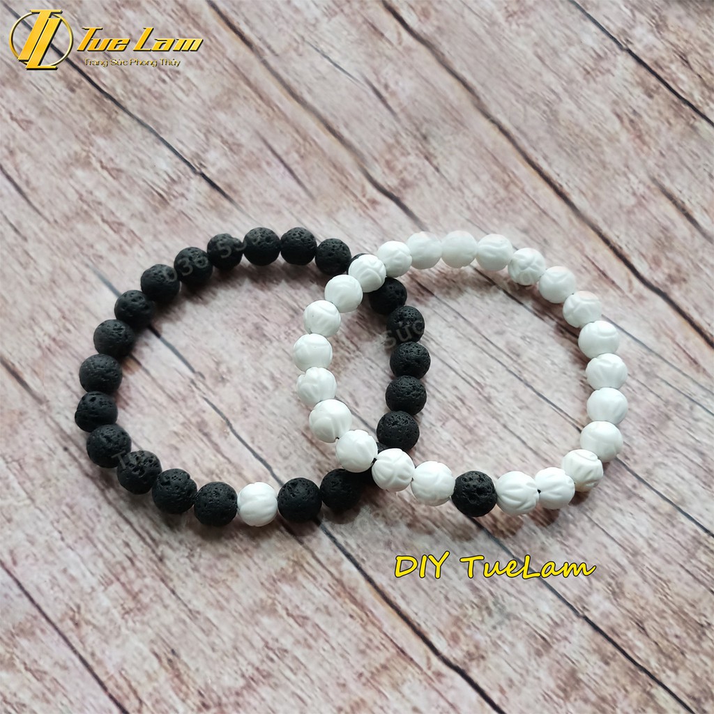 Vòng Tay Đôi  Gỗ Hóa Thạch Đen Trắng Nam Nữ May Mắn Tình Duyên