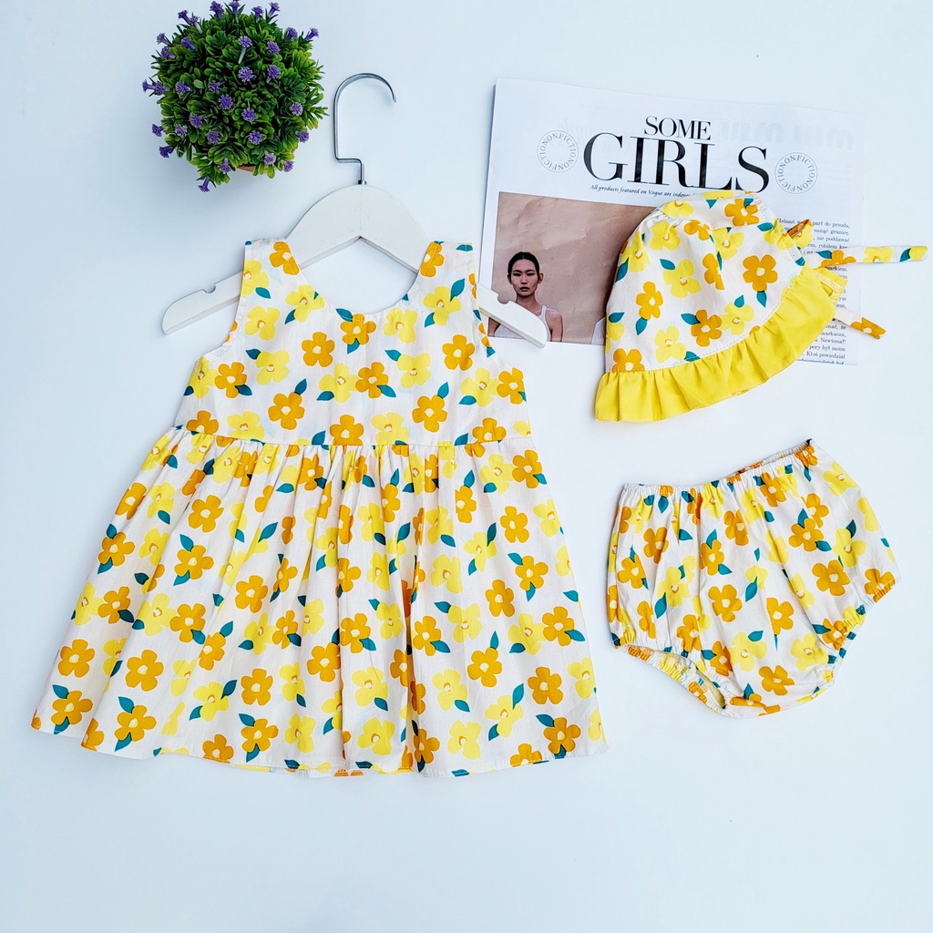 Đầm Hoa, Váy Hoa Nơ Cho Bé Gái, Bé Sơ Sinh- Kèm Quần Chip Và Mũ. Chất Vải Cotton Mềm Mại.
