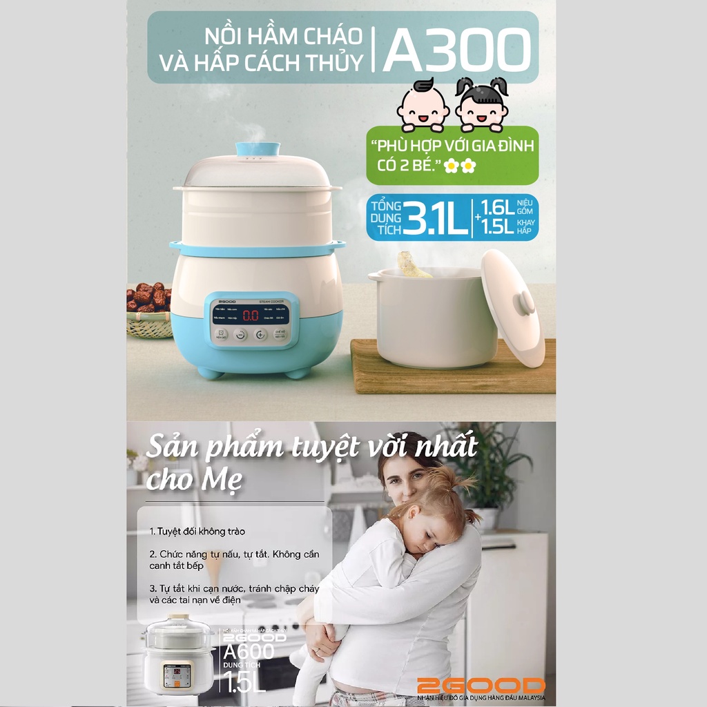 Nồi nấu cháo chậm 2 tầng cho bé, nồi hầm cháo cách thủy 2GOOD 1.5 lít - 1.6 lít chất liệu niêu gốm - HAPOS