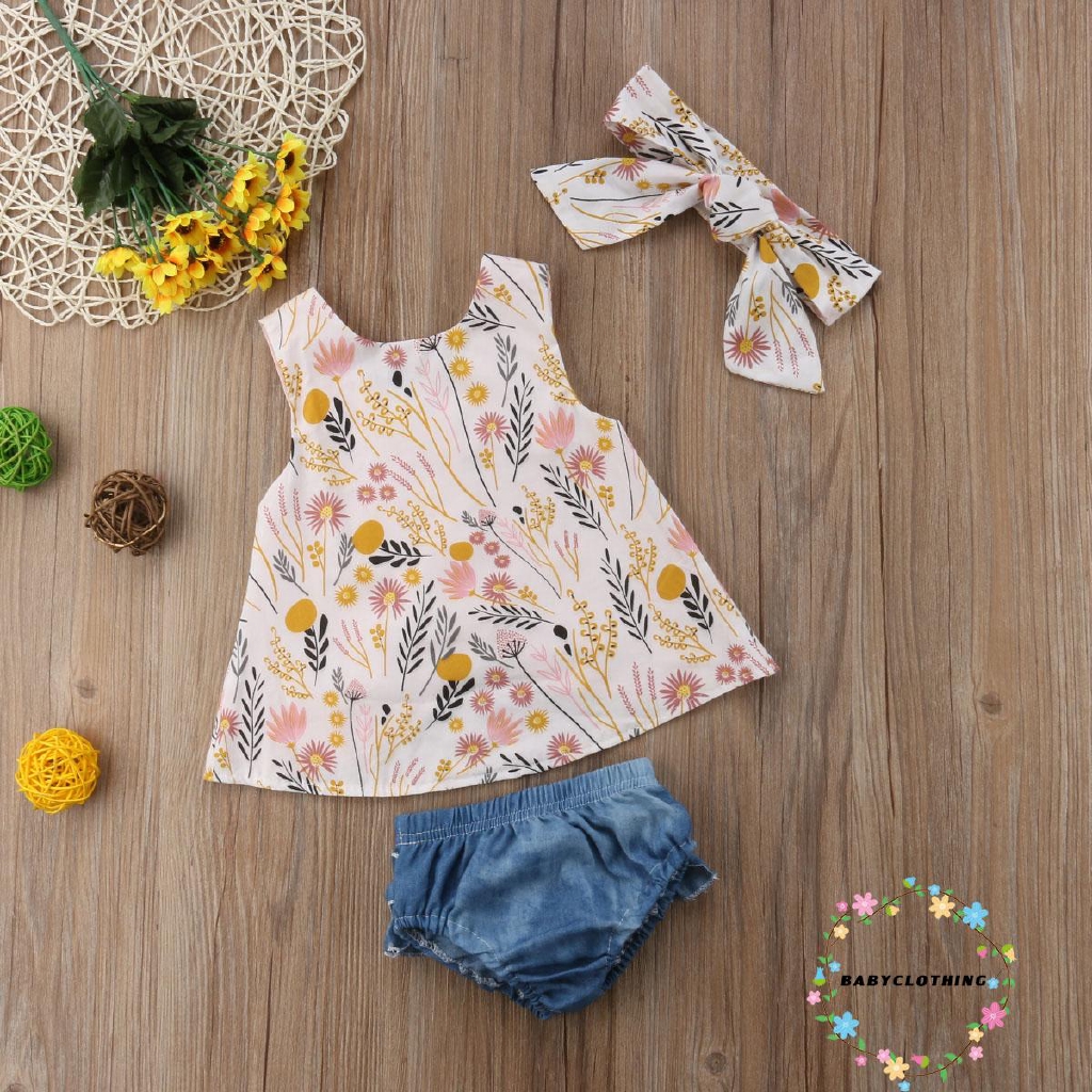 Set Áo Sát Nách In Hoa+Quần Short Denim+Băng Đô Cho Bé Gái