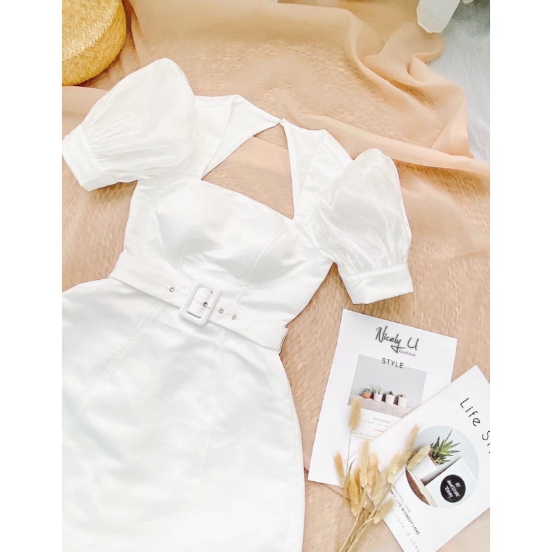 ĐẦM TAFTA DÁNG ÔM TAY CON CỔ CÁCH ĐIỆU THẮT BELT DỰ TIỆC