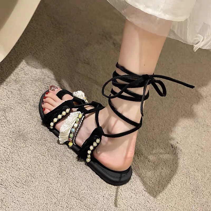 SẴN NÂU 37, ĐEN 36 Giày sandal cột dây chiến binh thổ cẩm Hàng Quảng Châu - Boho Vintage Style