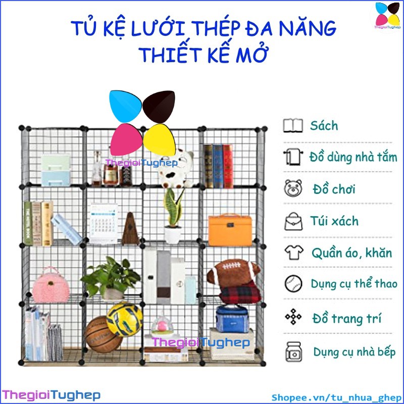 Tủ lưới sắt lắp ghép đa năng hiện đại để sách, đồ dùng trang trí phòng làm việc 16 ô