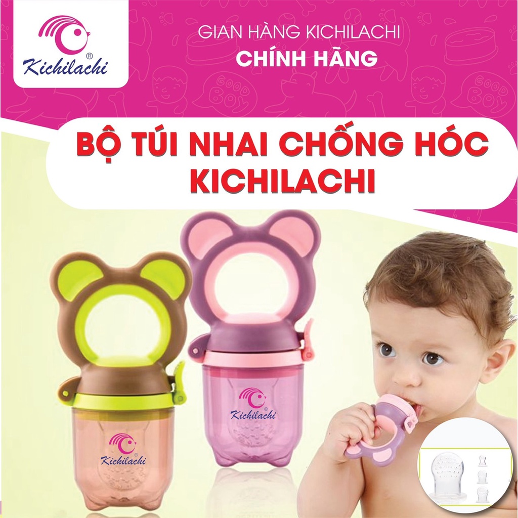 Túi nhai ăn dặm chống hóc 3 núm nhai kèm dây đeo Kichi cho bé