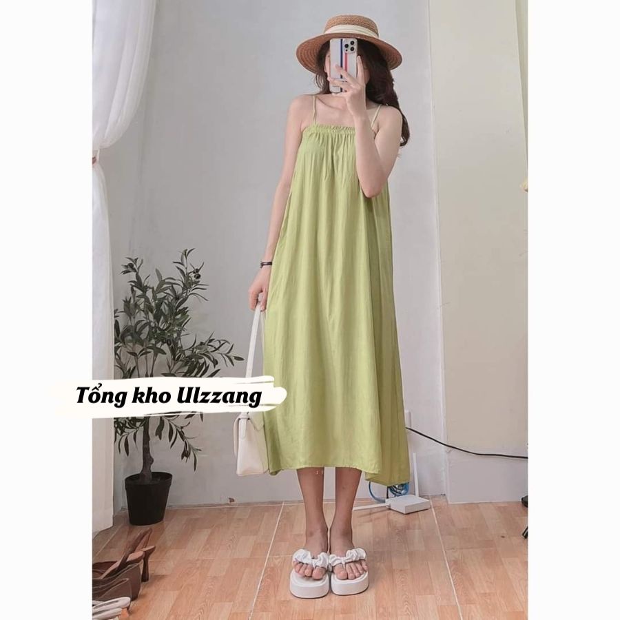 Váy Đầm Maxi Đi Biển Hai Dây Xòe Vải Đũi Lụa Mềm Mát Màu Xanh Lá Xanh Bơ