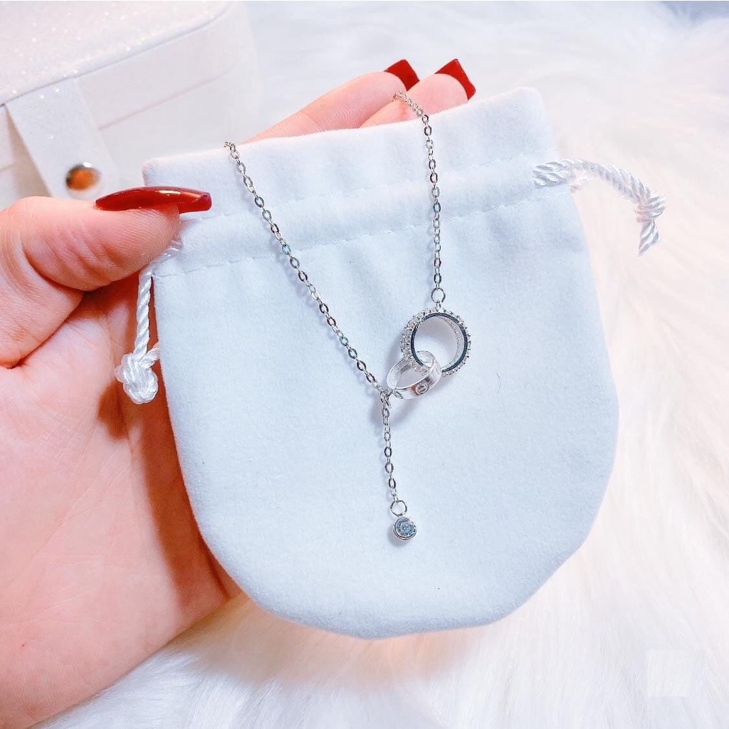 Dây chuyền bạc nữ Evasilver mặt nhẫn đính đá lồng hình tròn, Vòng cổ chất liệu bạc ta, ảnh thật