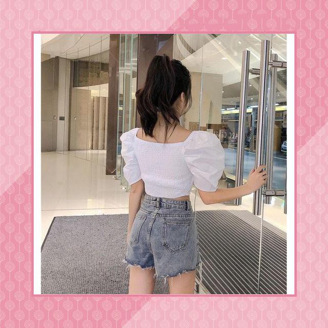 11242B1 Áo kiểu nữ croptop tay phồng ngắn, đăp chéo ngực, vải kate siêu đẹp