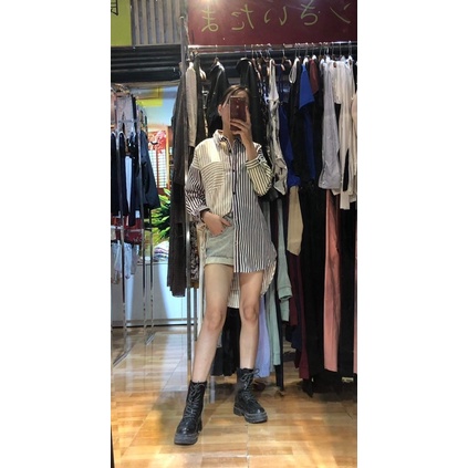 Áo sơmi kẻ dáng dài nữ, hàng dư