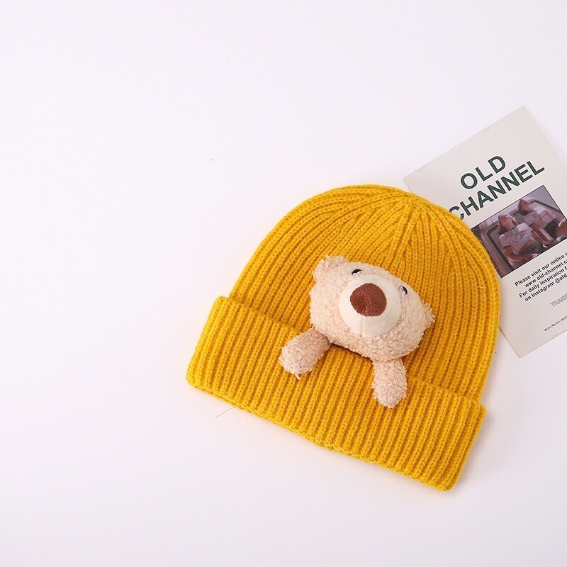 Mũ len mũ beamin đính gấu cute cho bé nhiều màu sắc