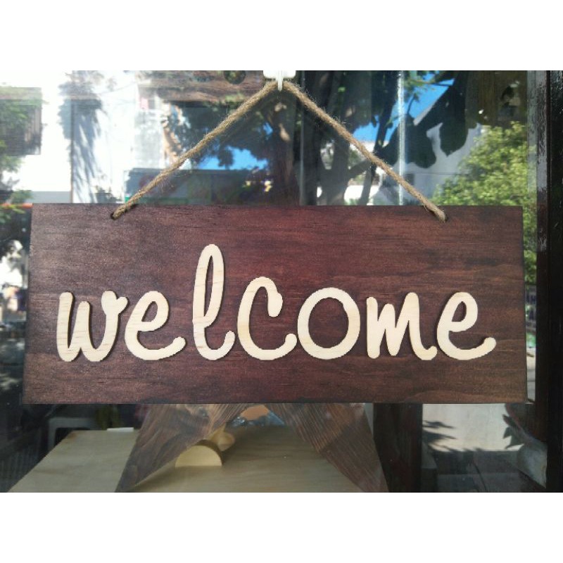 Bảng gỗ dán chữ gỗ 1 mặt nội dung "welcome" font xinh xắn + kèm dây treo - LUMY Wood Deco