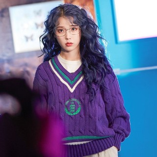 (ORDER) Áo len nữ vặn thừng cổ V phối viền màu tím style ngôi sao Ido IU đáng yêu Hàn Quốc