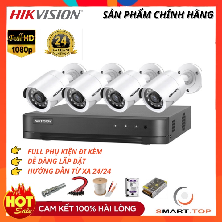 Trọn Bộ Camera giám sát Hikvision 2MP FHD 1080P Thân nhựa Cao Cấp- Đầy đủ phụ kiện + HDD 500GB- Chính Hãng BH 24 Tháng