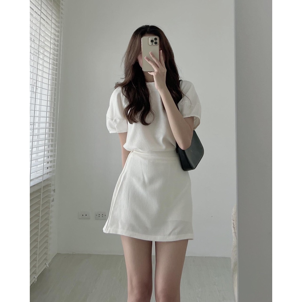 Set Áo Tay Bồng Và Chân Váy Chữ A Có 2 Lớp Phía Sau Lưng Chun Chuẩn Form