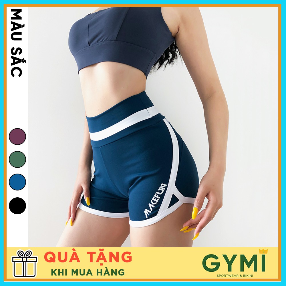 Quần tập gym yoga nữ GYMI QS13 dáng đùi short chất thun mịn cạp cao nâng mông có viền trắng thể thao