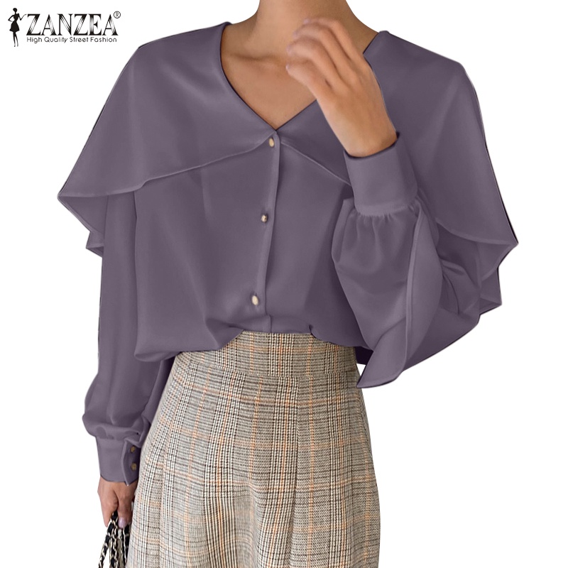 ZANZEA Áo Sơ Mi Nữ Tay Dài Cổ Chữ V Màu Trơn Cài Khuy Đơn Giản Thời Trang