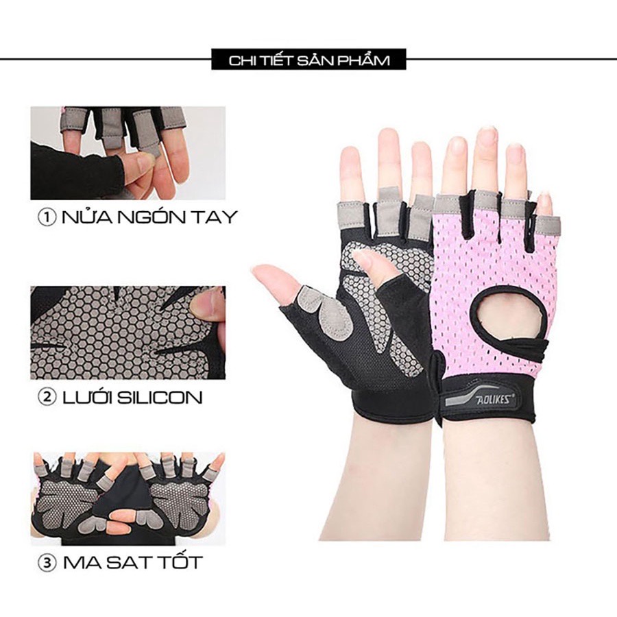Găng Tay Tập Gym Nửa Ngón Aolikes 113 Hàng Chuẩn Chính Hãng Có Cuốn Cổ Tay