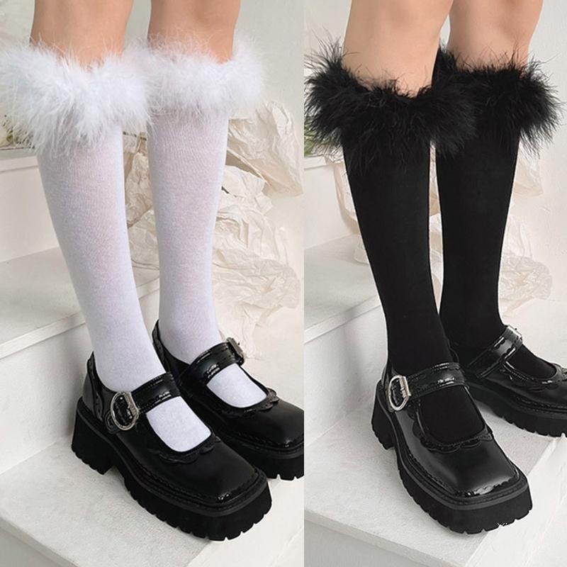 Đôi tất cổ cao ngang đầu gối lai viền lông vũ màu trơn ngọt ngào phong cách Kawaii Nhật Bản Bản